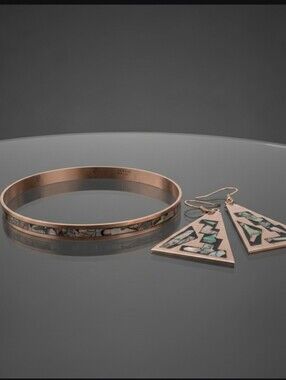 Alpaca Bangle and Abalone Inlay Triangle Earrings Set - Multicolor